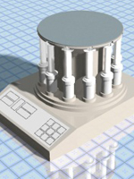 Conceptual CAD generated solid model of pathology sample processing equipment showing the disposable slide preparation device attached, as if in use.